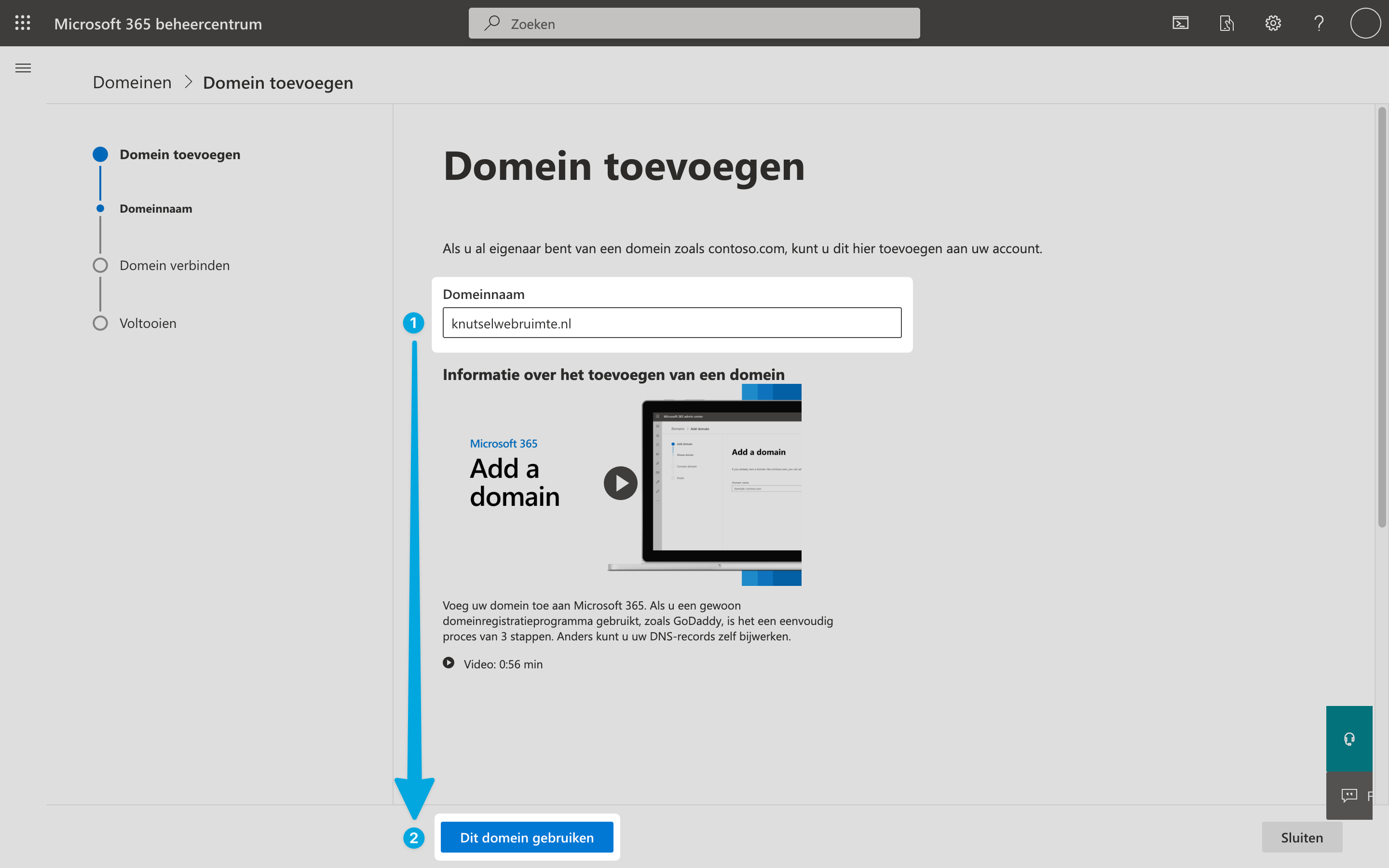 Microsoft 365 instellen: voer je eigen domeinnaam in.