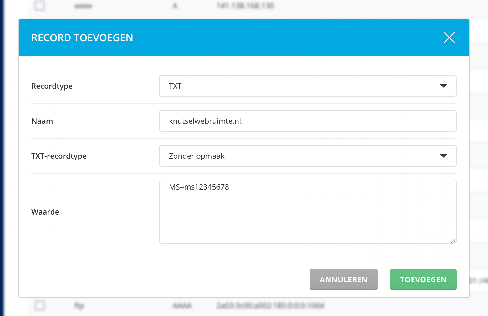 Microsoft 365 instellen: verificatie-record toevoegen.