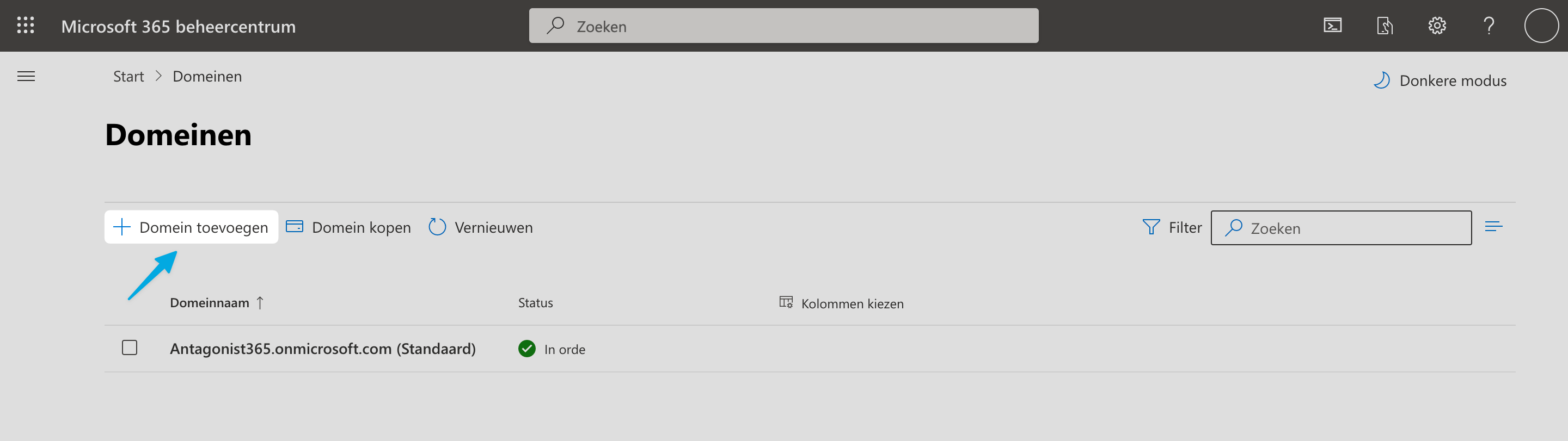 Microsoft 365 instellen: klik op 'Domein toevoegen'.