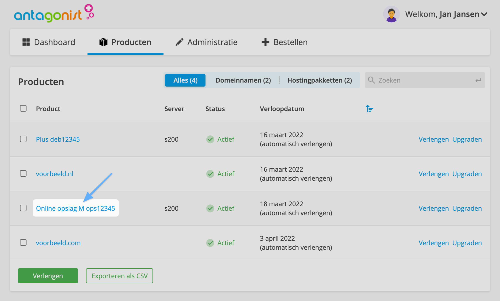 Het productoverzicht in Mijn Antagonist.