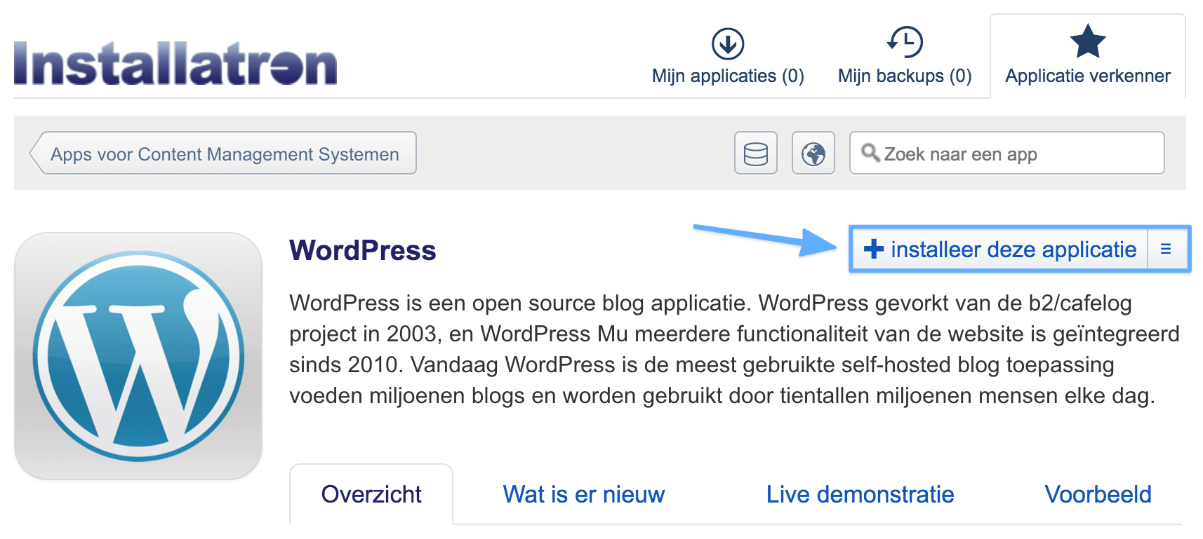 De installatieknop voor WordPress binnen Installatron