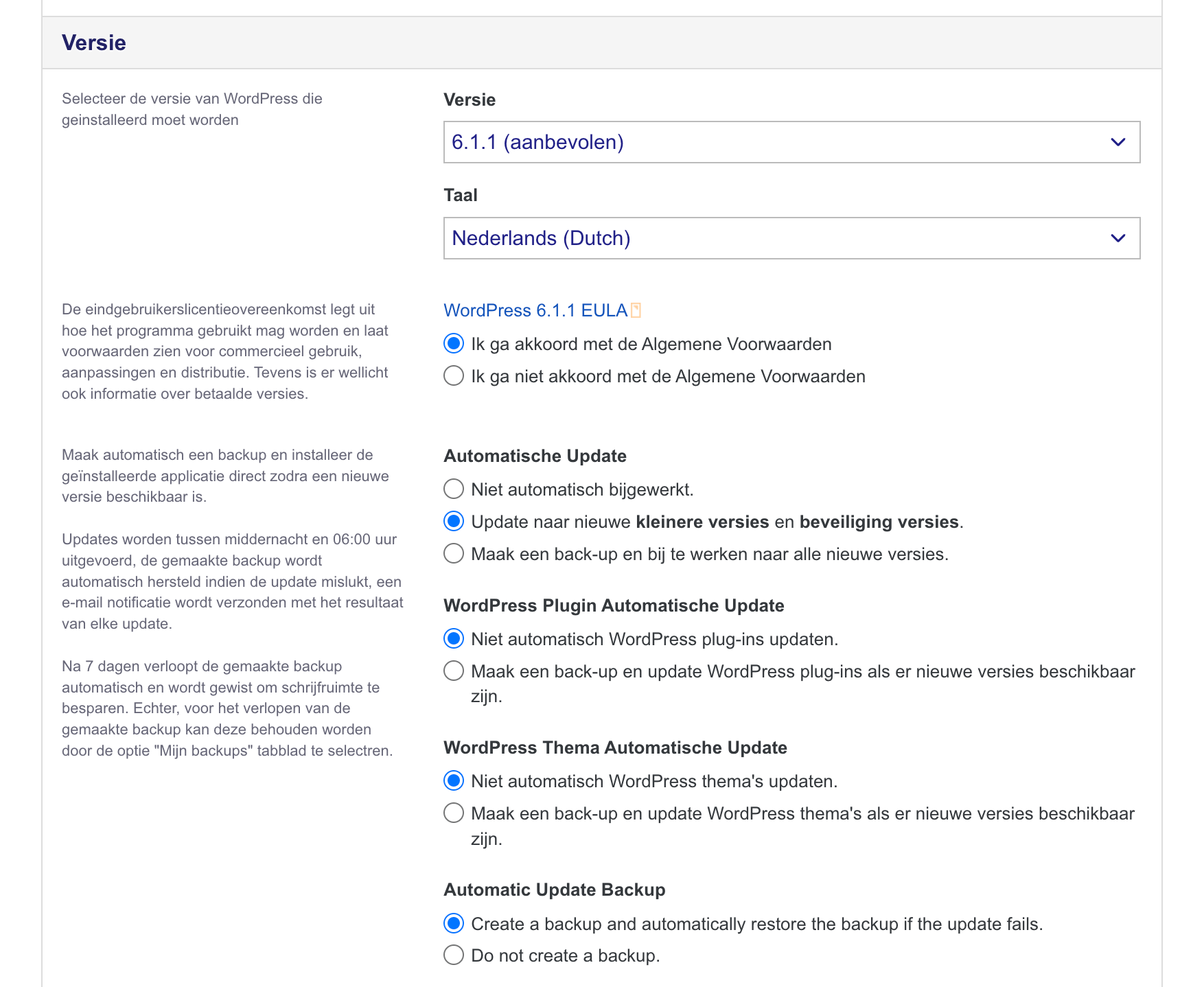 Versie-instellingen voor WordPress