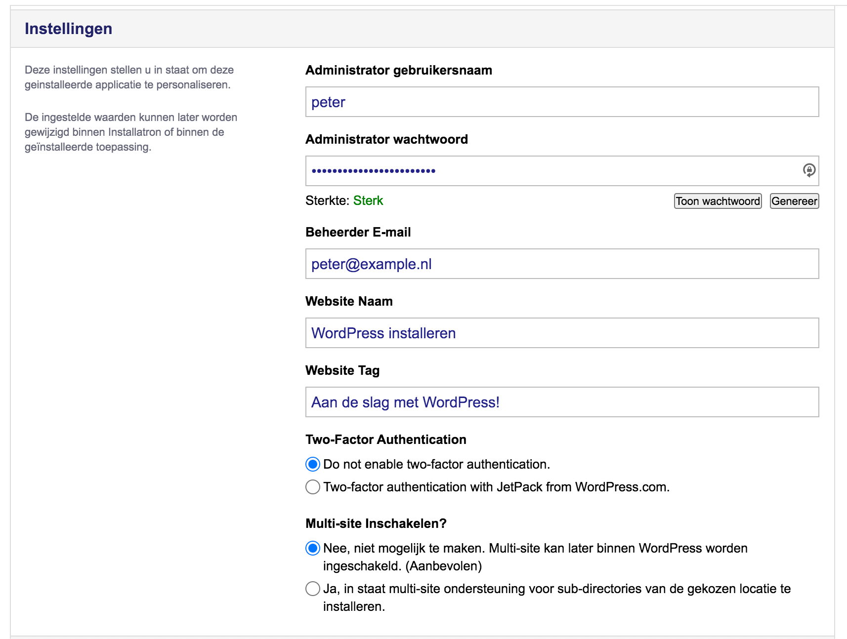 Venster met installatie-instellingen voor WordPress