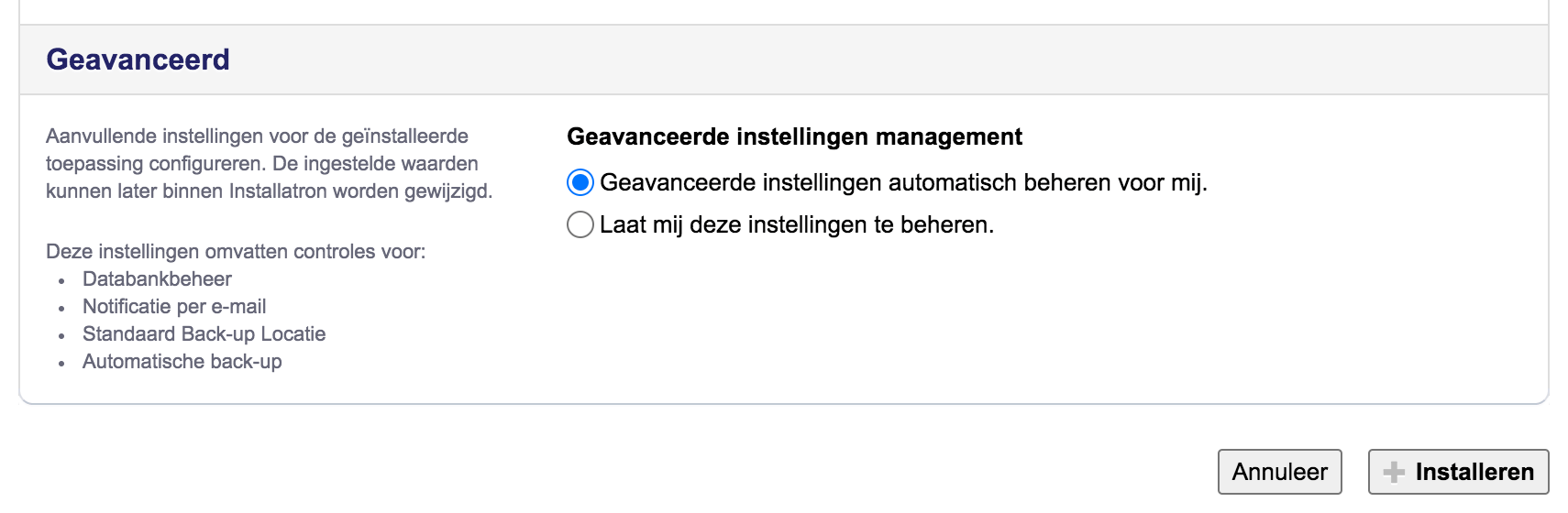 Venster met geavanceerde instellingen voor je WordPress-installatie