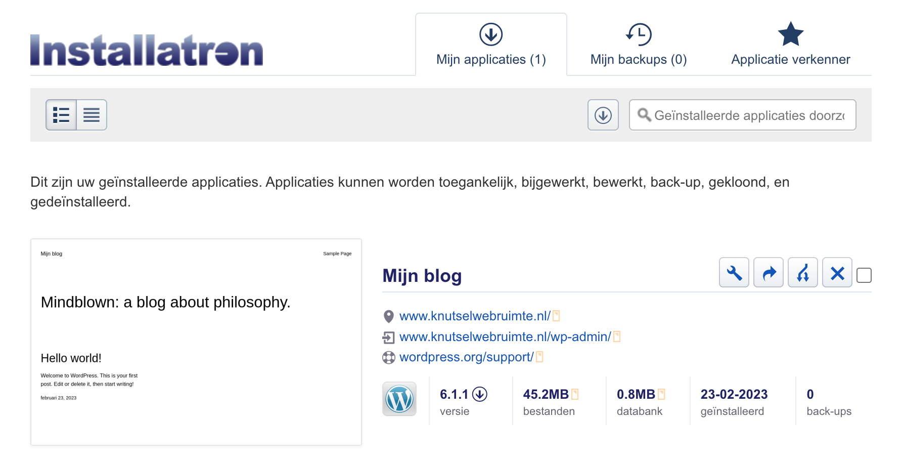 Venster waar je jouw WordPress-applicatie beheert