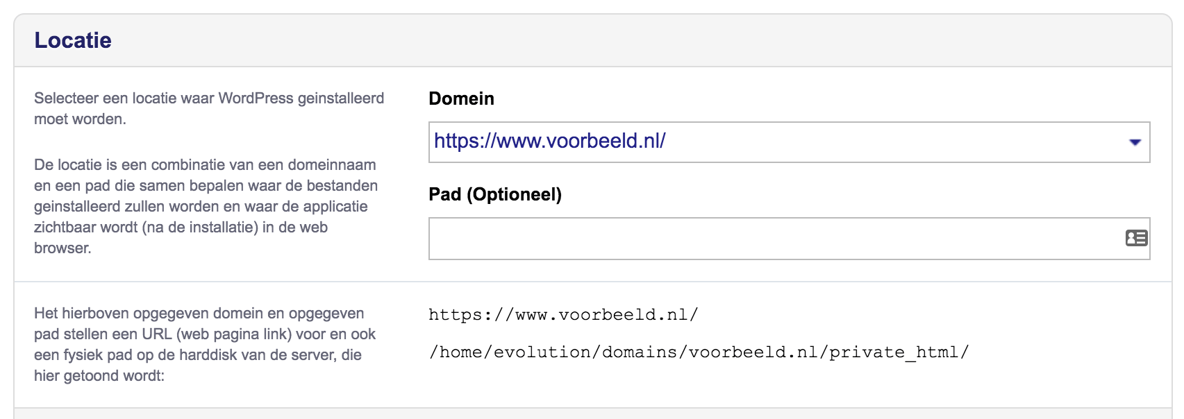 Kies op welk domein je de applicatie wilt installeren