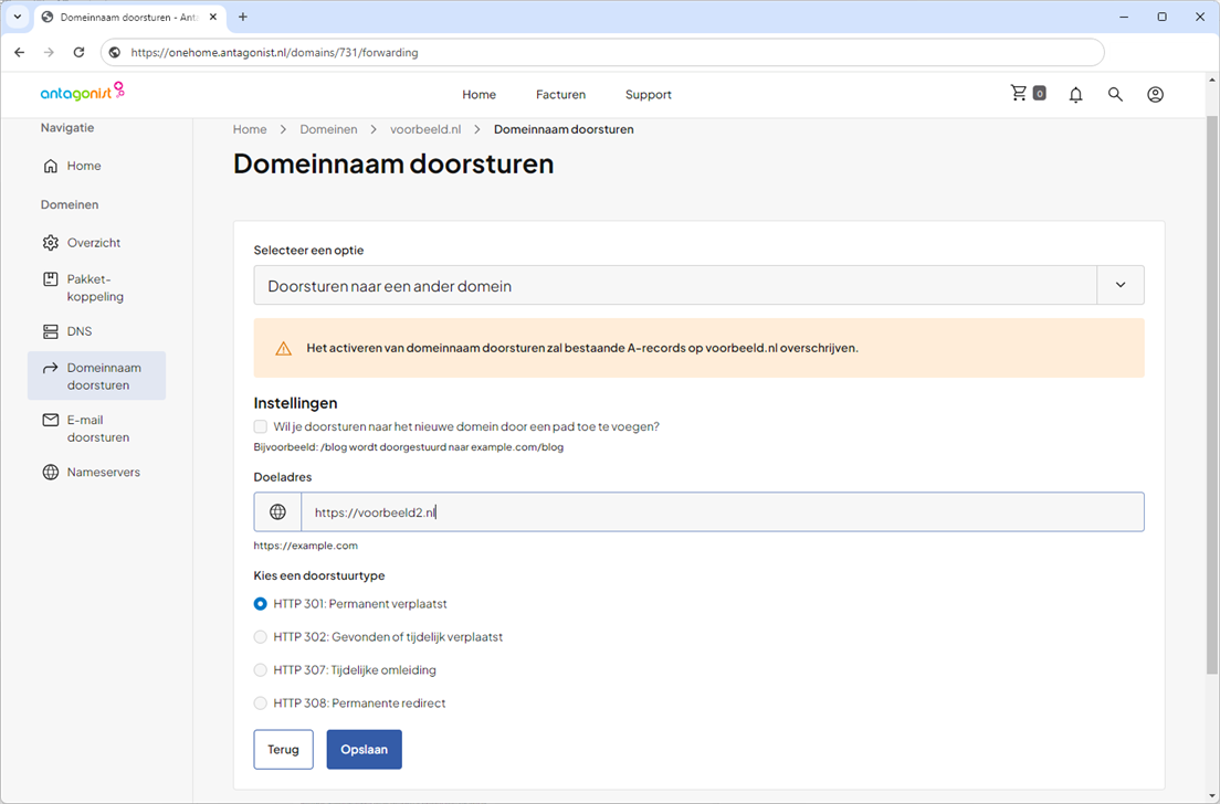 Doorsturen naar ander domein oneHome.png