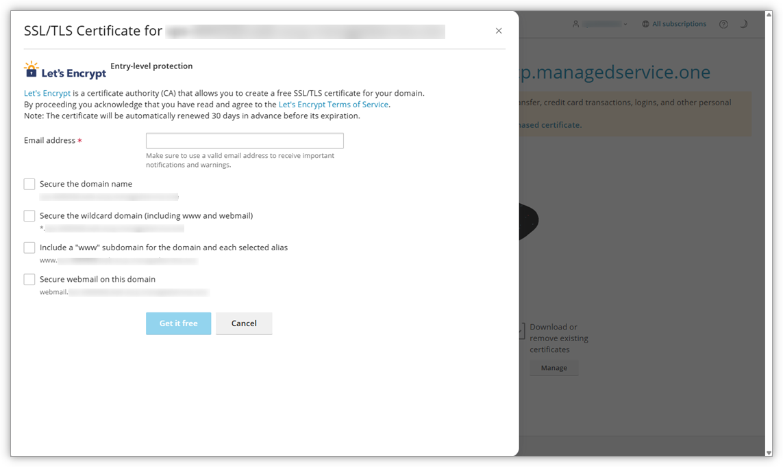 Screenshot in Plesk waarin je bepaalt wat de SSL moet omvatten.