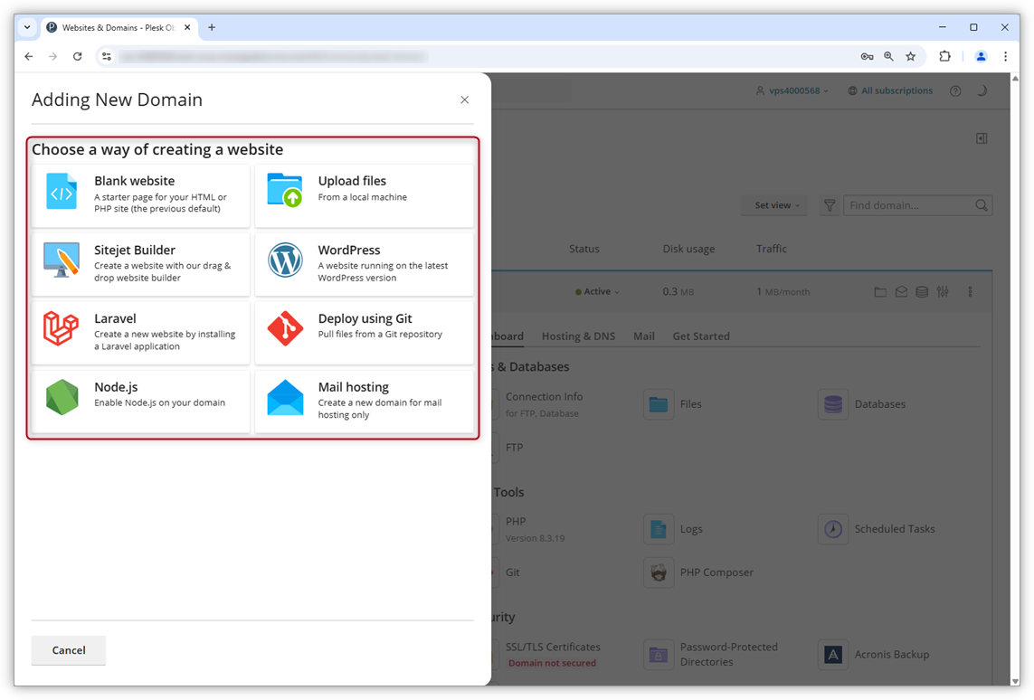 Screenshot van de verschillende opties in Plesk waarmee je kunt kiezen welk CMS je voor je website wilt gebruiken.
