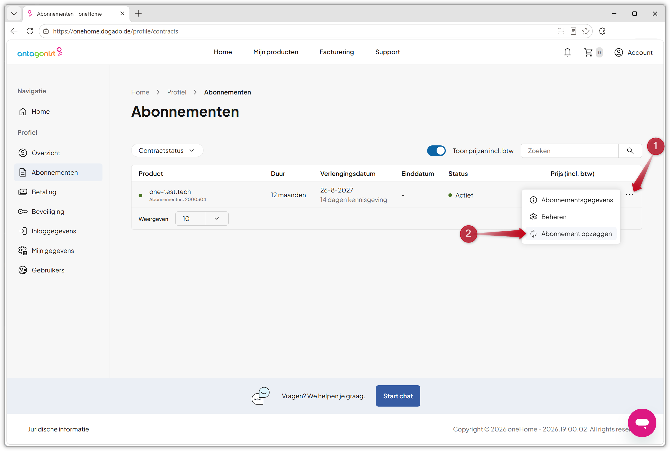 Een abonnement opzeggen in oneHome