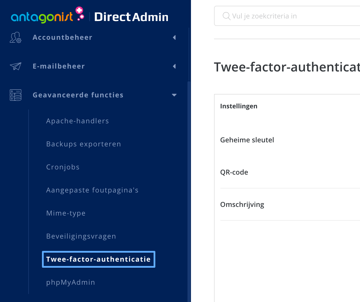 Twee-factor-authenticatie beheren in DirectAdmin.
