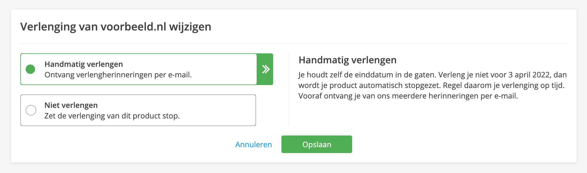 Kies de optie 'Handmatig verlengen' en klik op 'Opslaan'.