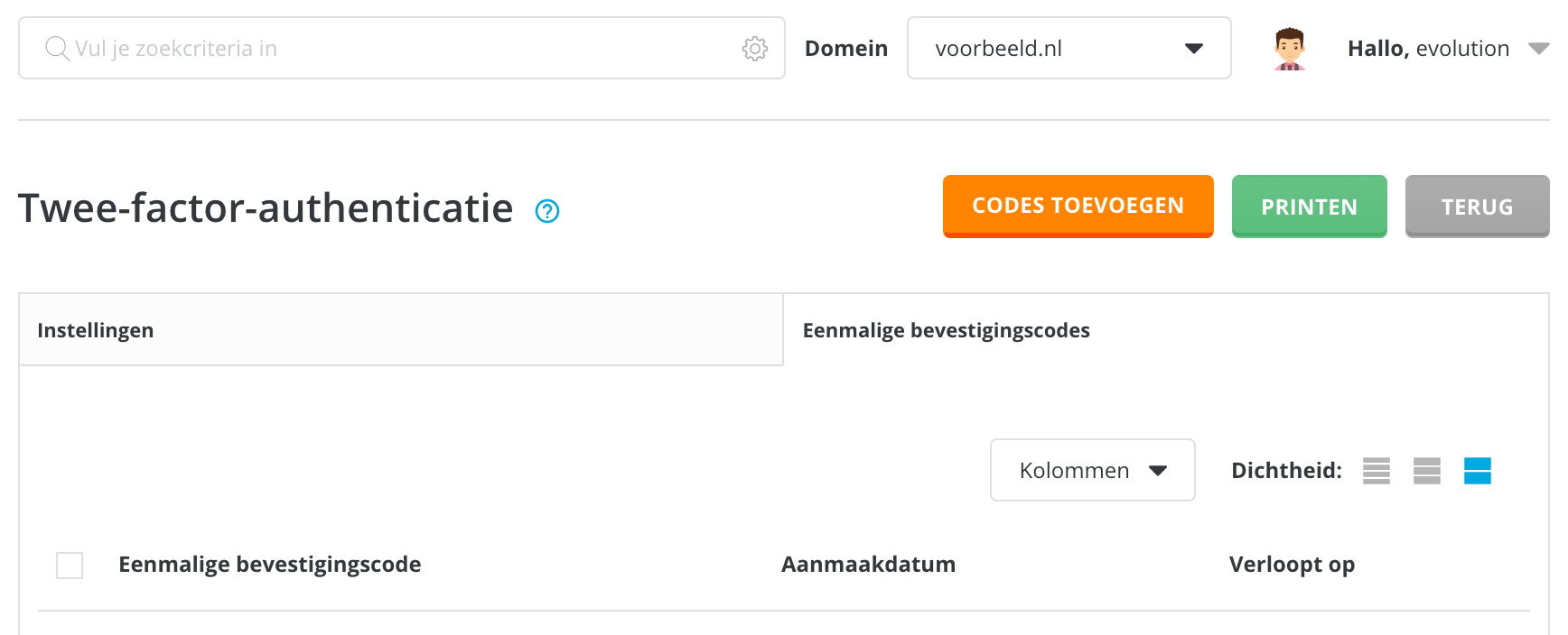 Eenmalige codes toevoegen in DirectAdmin.