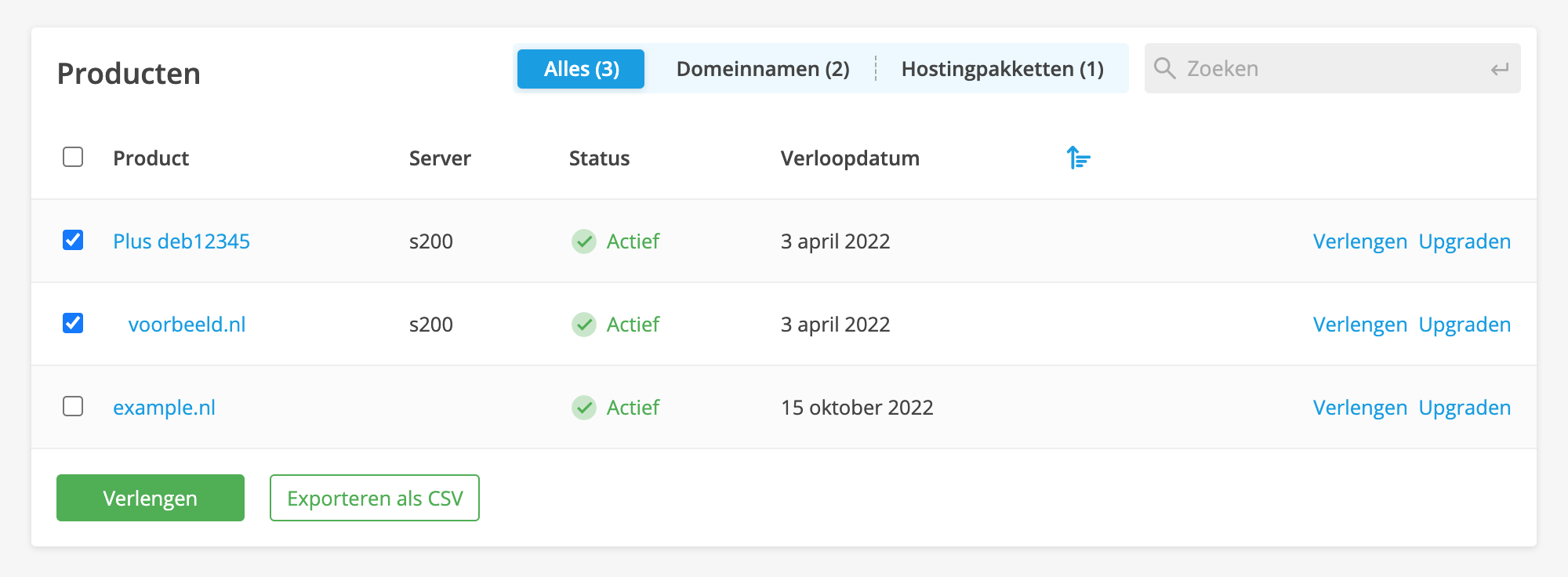 Vink de producten aan die je wilt verlengen en klik op 'Verlengen'.