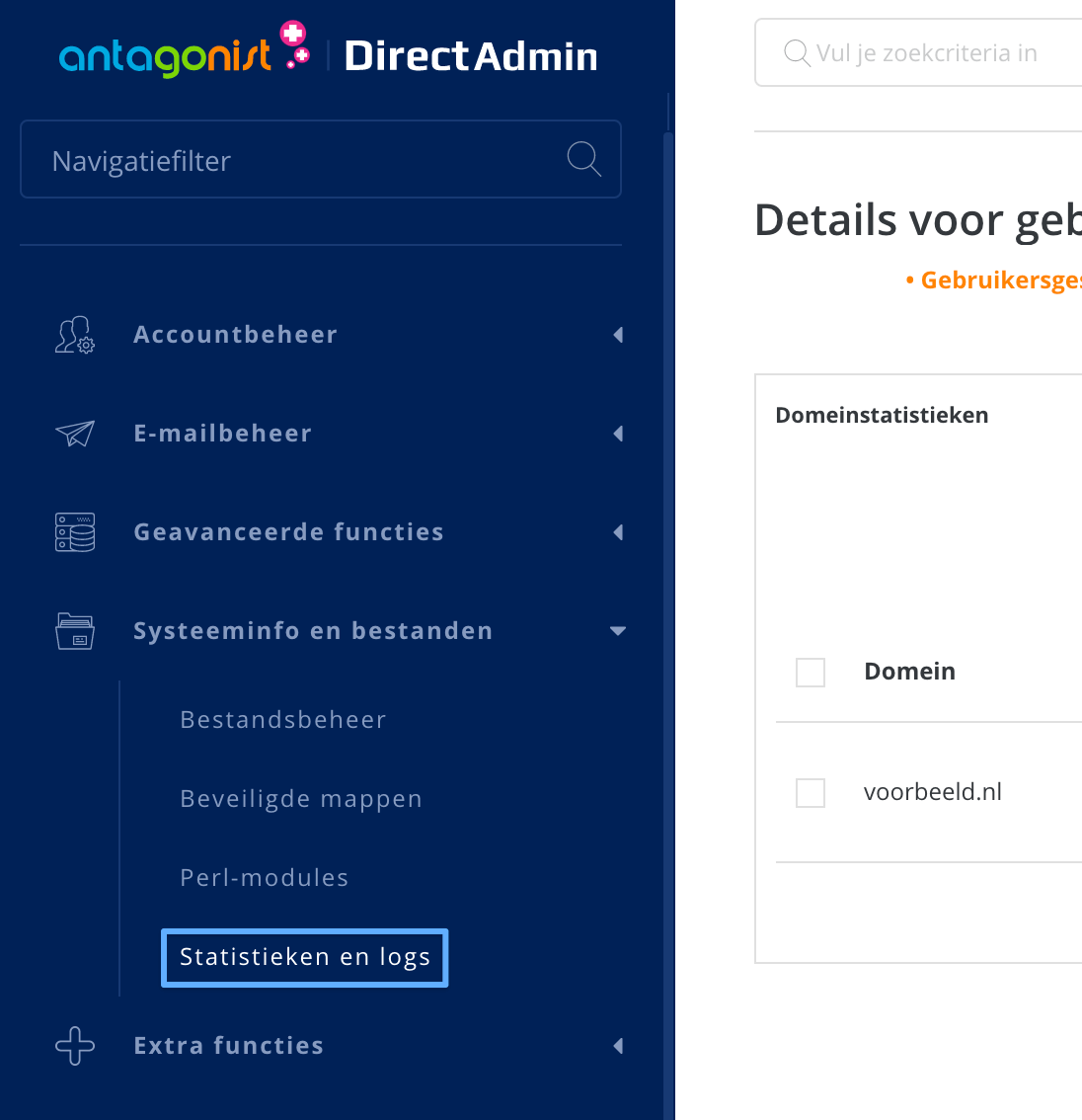 De optie 'Statistieken en logs' in DirectAdmin.