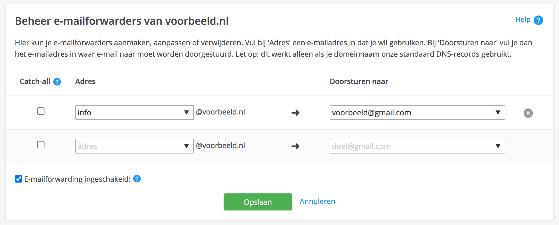 Vul het gewenste adres in en naar welk adres e-mail moet worden doorgestuurd.