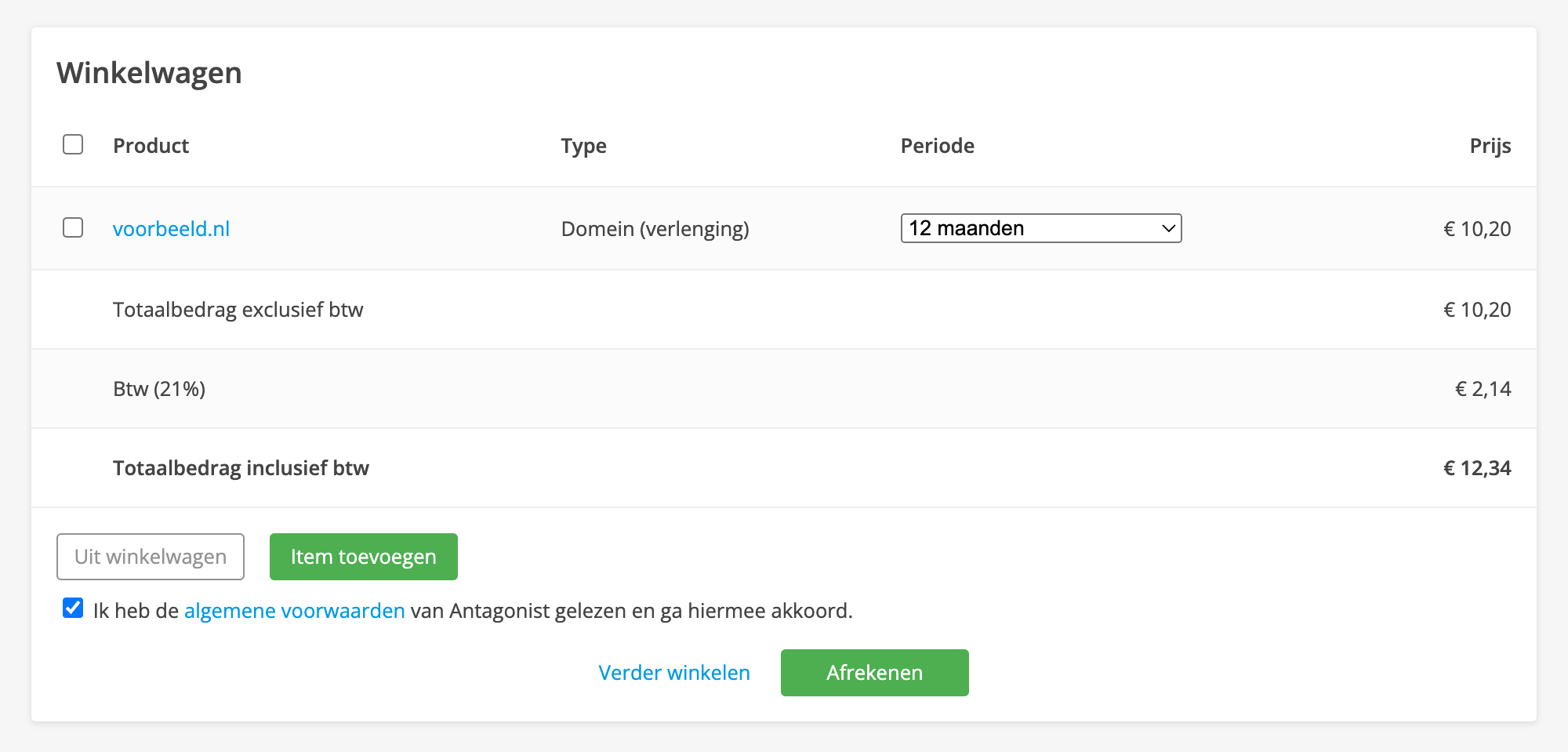 Selecteer de periode waarvoor je de producten wilt verlengen en klik op 'Afrekenen'.