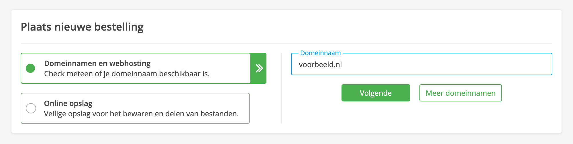 Vul de domeinnaam in die je graag wilt registreren en klik op 'Volgende'.