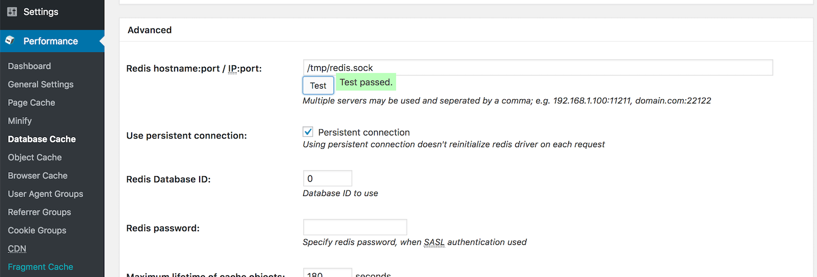 Ga naar 'Performance' → 'Database Cache' en verander de 'Redis hostname' naar: /tmp/redis.sock