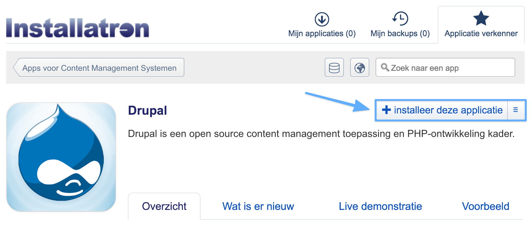 Het installeren van Drupal via Installatron.