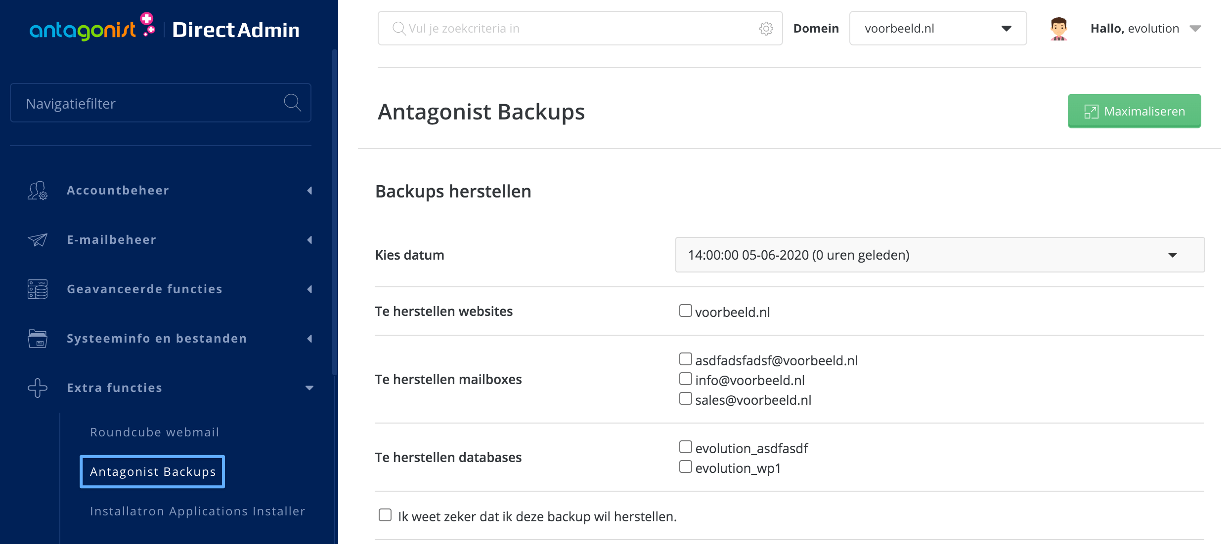 De optie 'Antagonist Backups' in DirectAdmin.