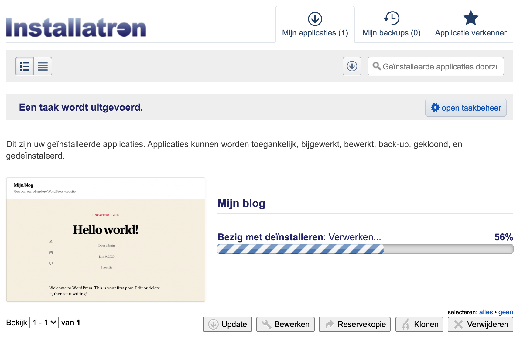 De installatie wordt verwijderd.
