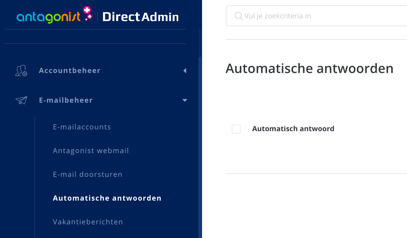 De optie 'Automatische antwoorden' in DirectAdmin.