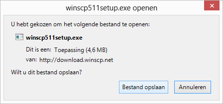 Ga naar de website van WinSCP, download het installatiebestand (bestandsnaam eindigend op 'setup') en kies tijdens het downloaden voor 'Run' of 'Openen'.