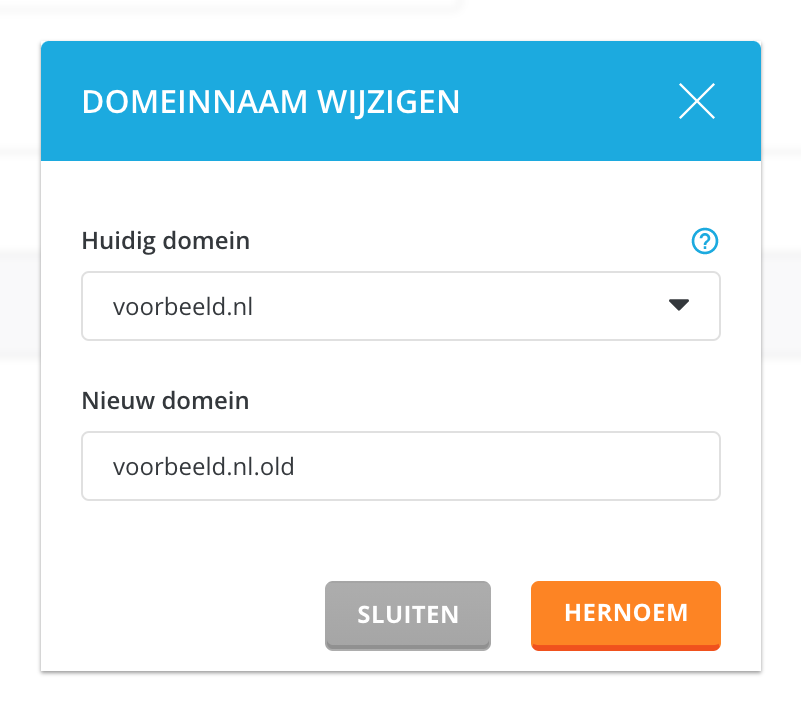 Voeg '.old' achter het domein toe en klik op 'Hernoem'.