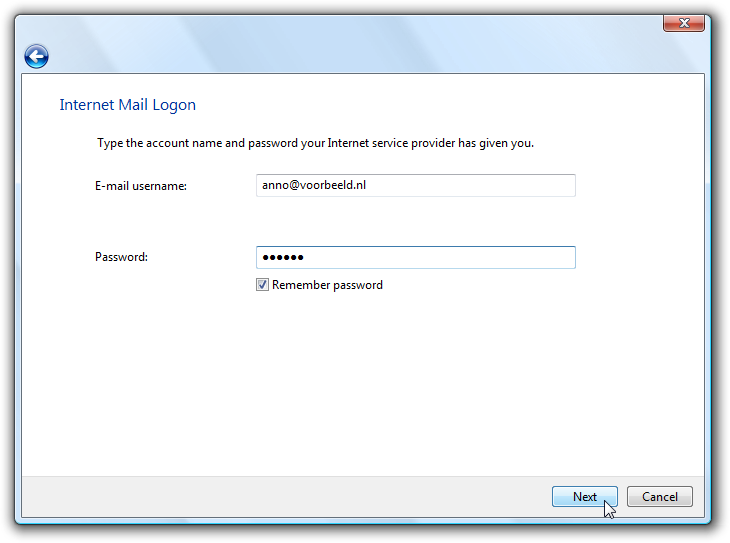 Het invoeren van je e-mailaccount in Windows Mail.