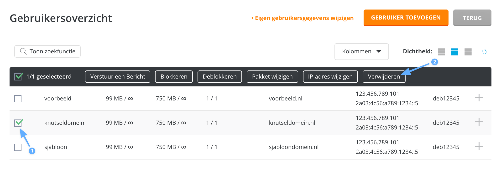 Zet een vinkje voor de gebruiker die je wilt wissen en klik op 'Verwijderen'.