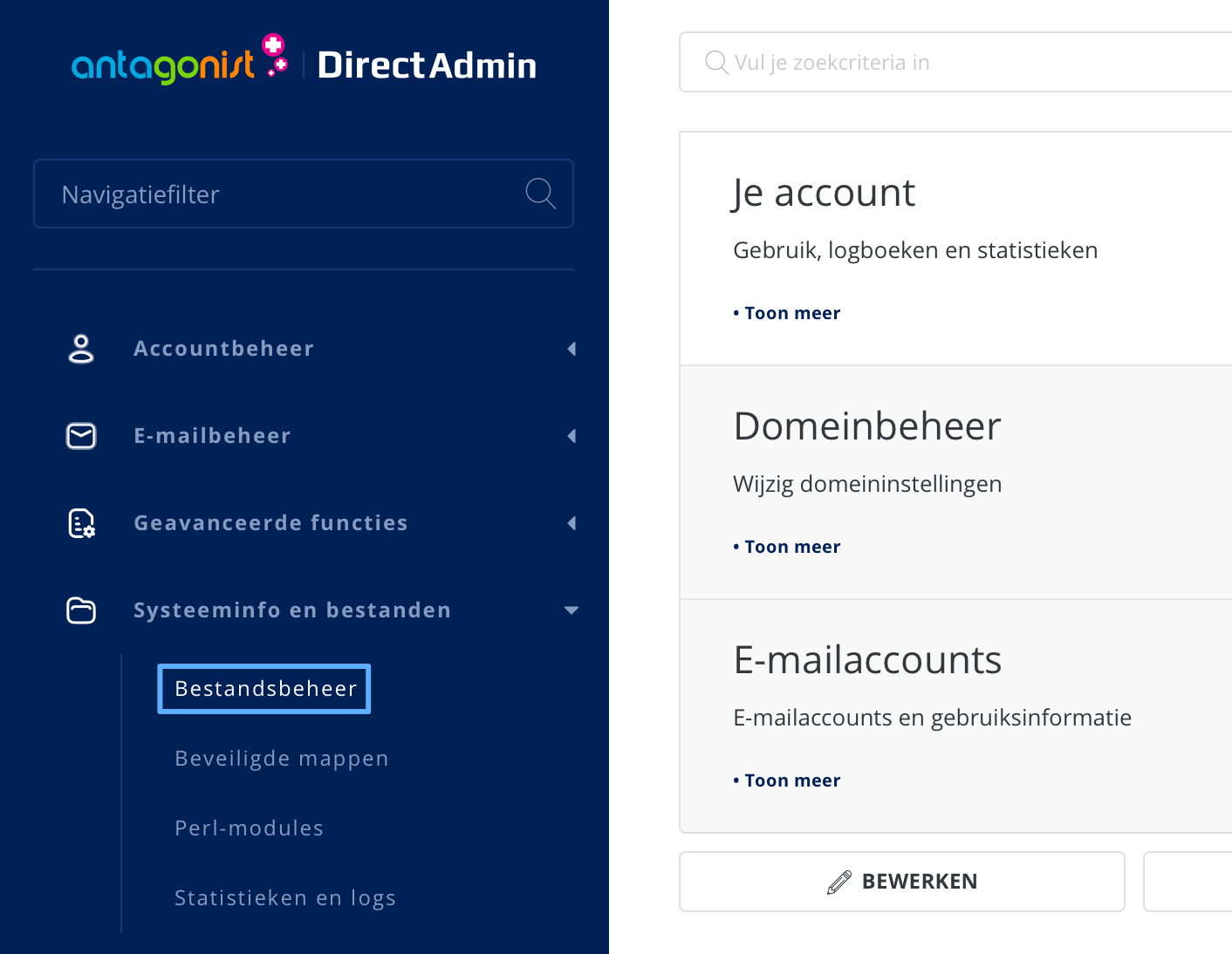 Bestandsbeheer in DirectAdmin.