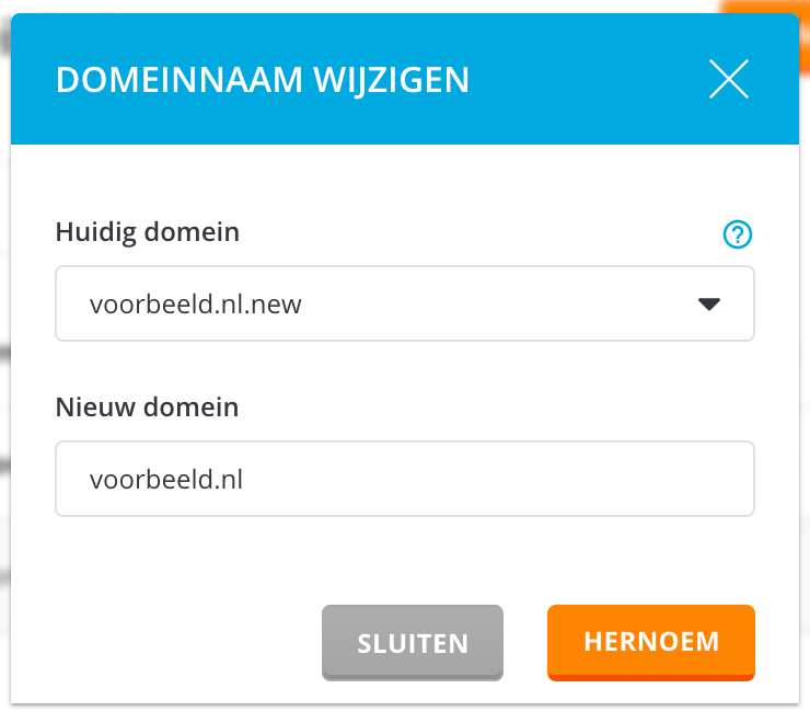 Optie om het domein binnen DirectAdmin te wijzigen.