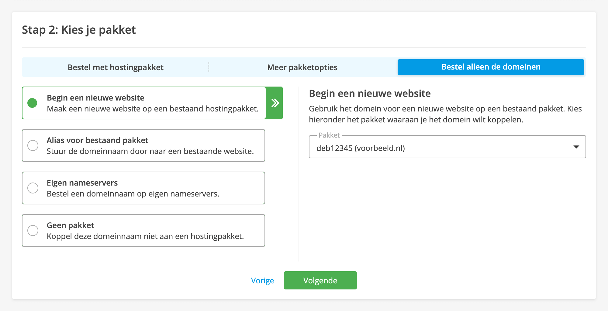 De mogelijke opties bij het bestellen van een nieuwe domeinnaam.