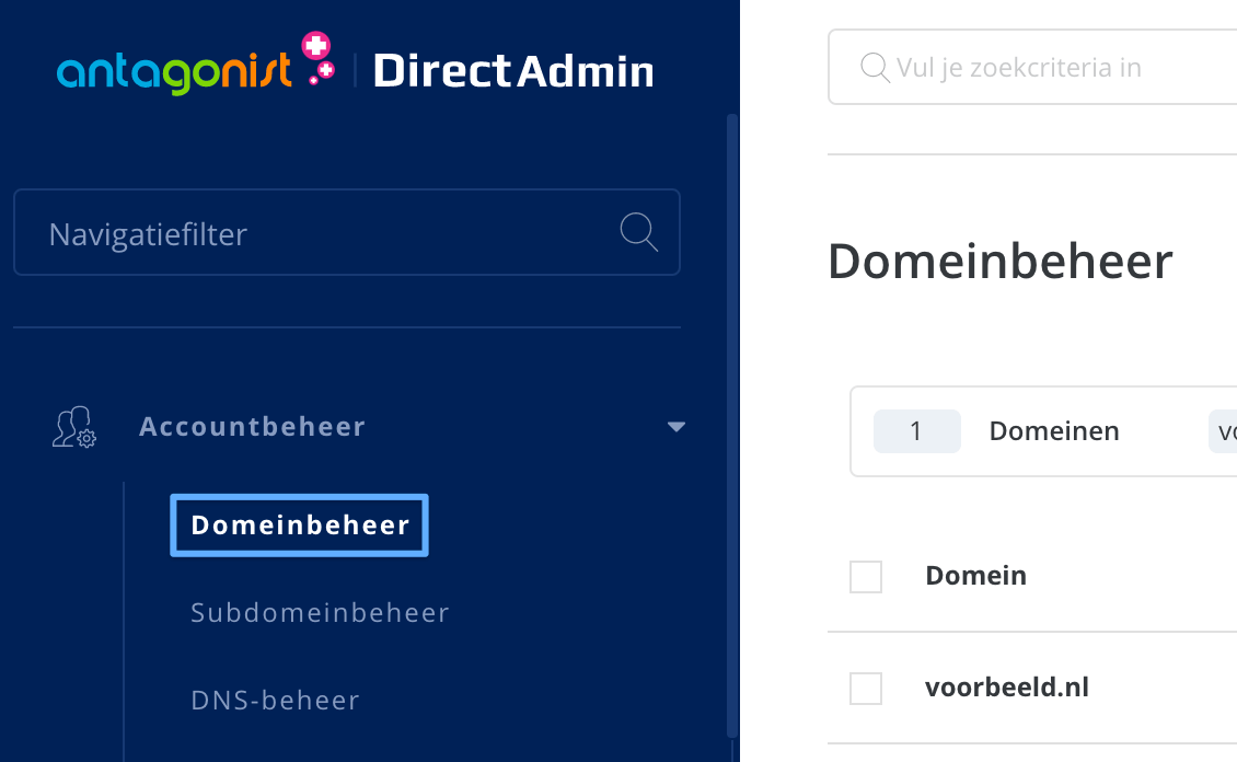 De optie 'Domeinbeheer' in DirectAdmin.