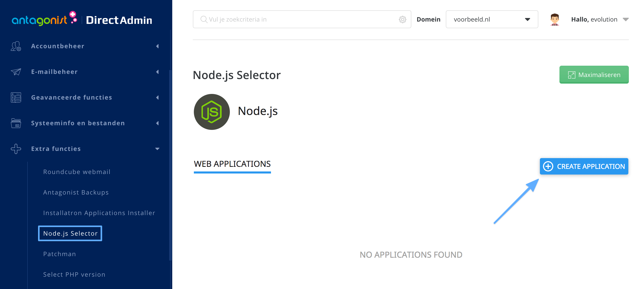 De Node.js-selector in DirectAdmin.