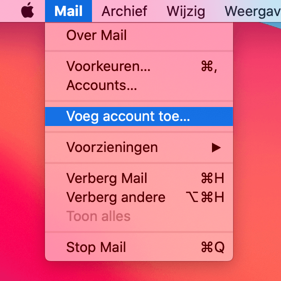 De optie 'Voeg account toe...' in Apple Mail.