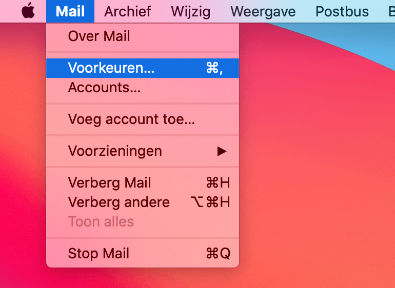 De optie 'Voorkeuren...' in Apple Mail.