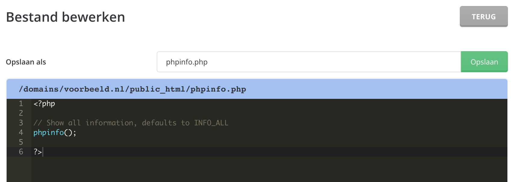 Een phpinfo-bestand aanmaken in DirectAdmin.