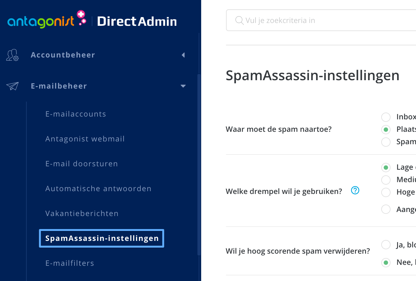 De optie 'Spamassassin Setup' in DirectAdmin.