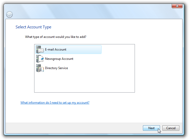  Kies voor 'E-mail Account' ('E-mailaccount') en klik op 'Next' ('Volgende').