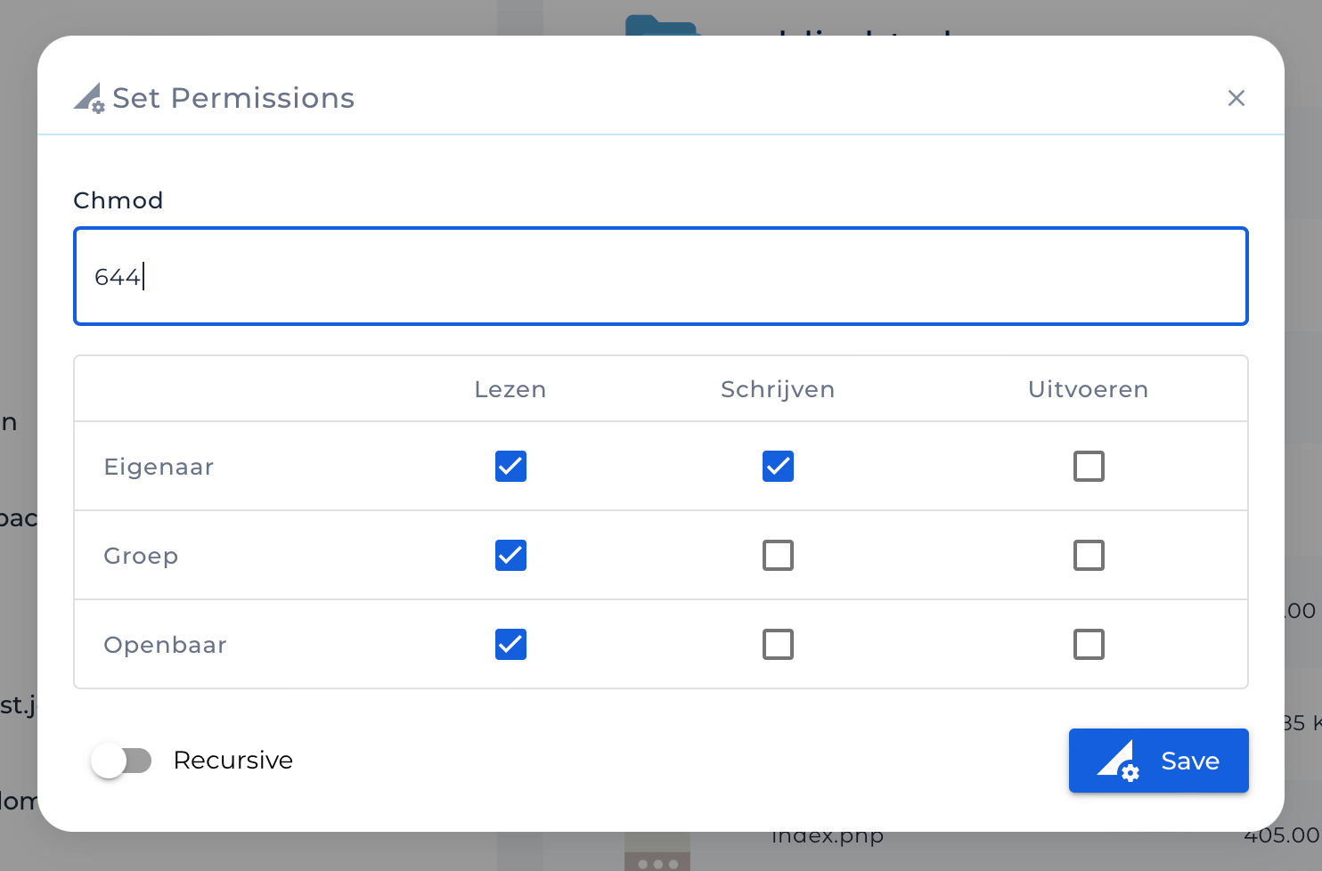 Bestandsrechten beheren in DirectAdmin.