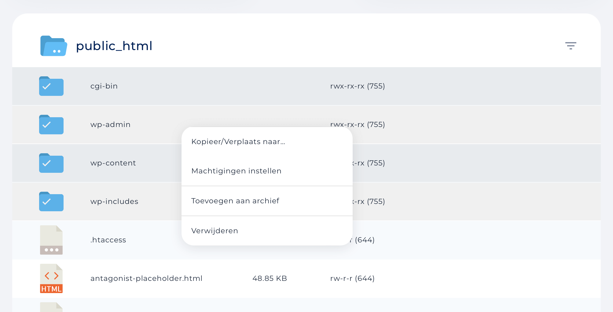 Meerdere bestanden selecteren in het bestandsbeheer van DirectAdmin.