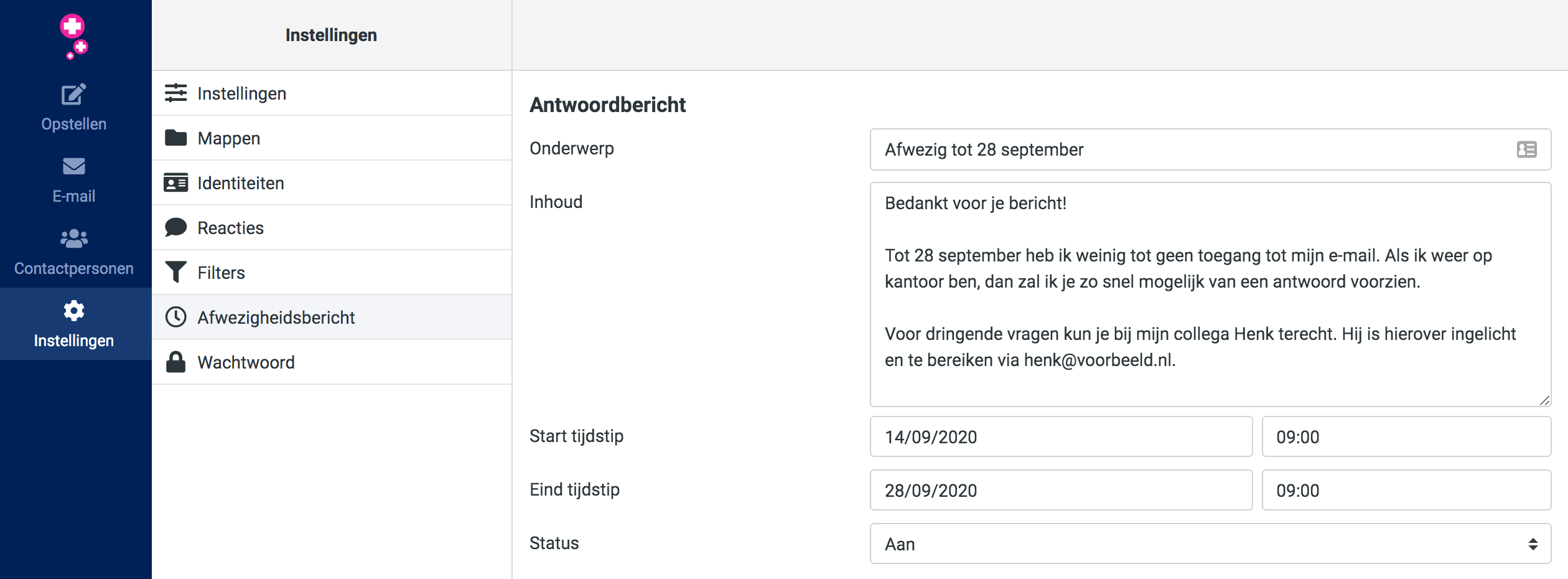 Een afwezigheidsbericht instellen in de webmail.