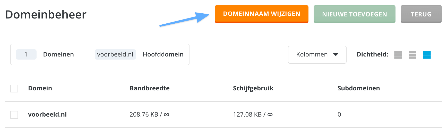 De optie 'Domeinnaam wijzigen' in DirectAdmin.