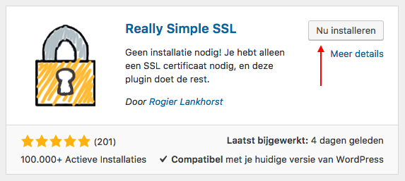 Het installeren van Really Simple SSL in WordPress.