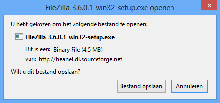 Ga naar de website van FileZilla, download het installatiebestand (bestandsnaam eindigend op 'setup') en kies tijdens het downloaden voor 'Run' of 'Openen'.