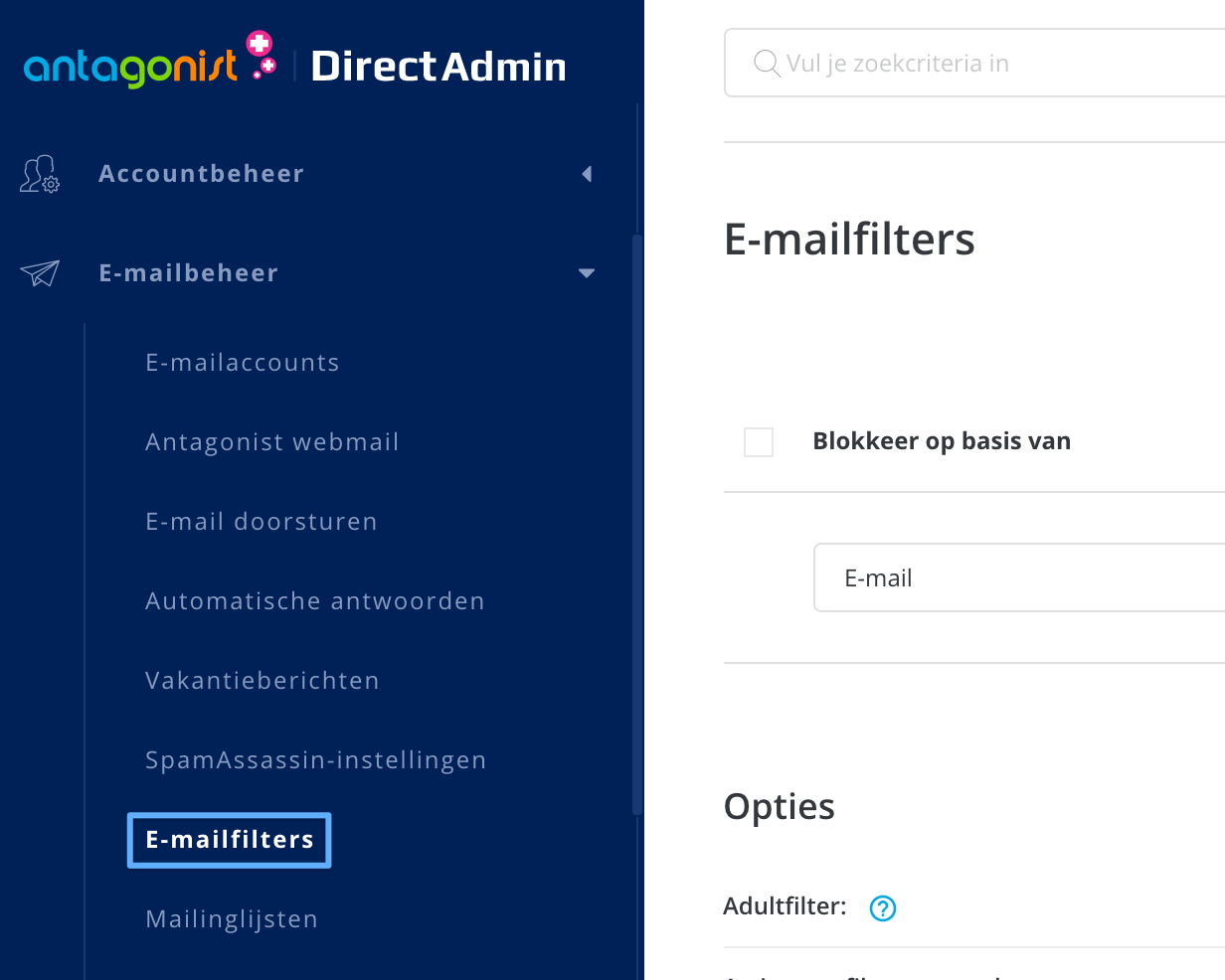 De optie 'E-mailfilters' in DirectAdmin.