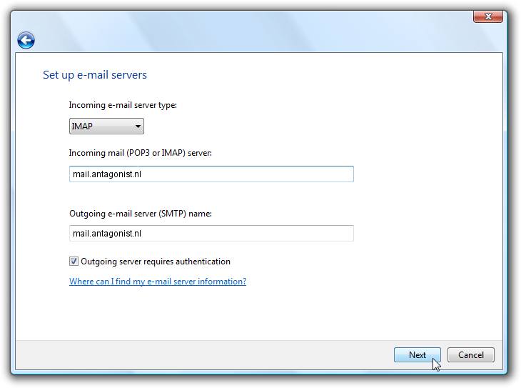 De mailservers invoeren in Windows Mail.