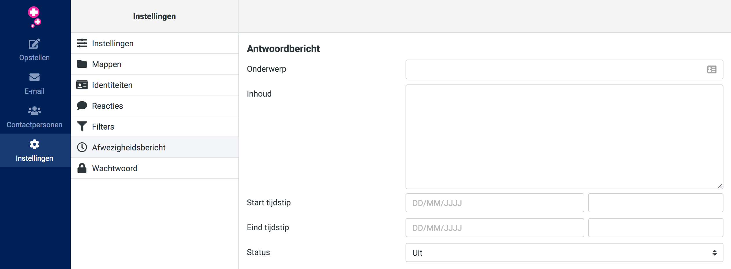 Klik links in het menu op 'Instellingen' en daarna op 'Afwezigheidsbericht'.